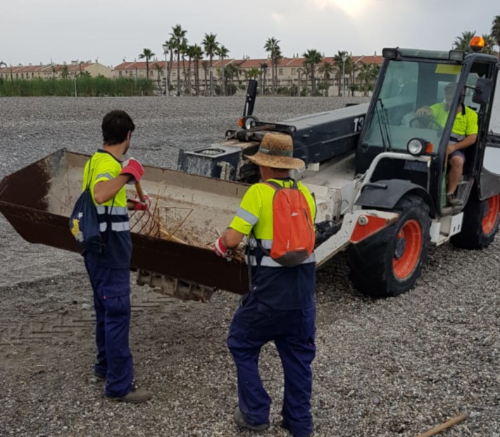Operarios municipales limpian cañaveras y restos de pesca de las playas de Salobreña de cara al fin de semana